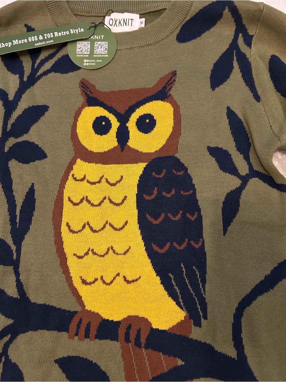 OXKNIT Olive Owl Intarsia Ruffle-Cuff Crewneck Sweater - Picture 5 of 5